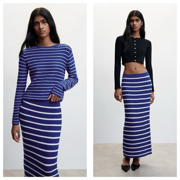 NWT Mango Striped Knitted Midi Skirt Size Medium Blue White Stretch - Picture 2 of 12